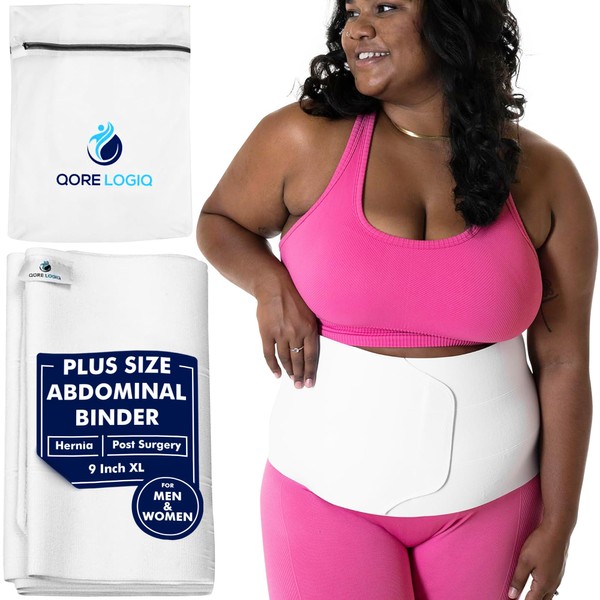 QORE LOGIQ Plus Size Abdominal Binder Post Surgery for larger Men + Women - Postpartum Belly Band - Compression Garment - Hernia Belt For Men + Woman - C Section Belly Binder - Adjustable (X-Large, 9 INCH)