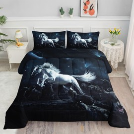 Datura home Horse Bedding Comforter Set Silver White 3D Digital Printed Pattern Quilt with 1 and 2 Pillowcases for Adult Kids Bedroom All Season(Horse3 Full) ,80x90inches