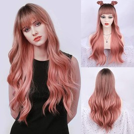 MOSINA Ombre pink Wig with Bangs Long pink Wavy Wigs for Women Heat Resistant Wigs for Daily Party