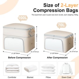 DIMJ Compression Duvet Storage Bags - 2 Pack 200L Self No Pump Compress Bags Bedding Box with Clear Front-Opening Window Dual Handles and Labels for Flat Dorms Travel Moving, Blankets,Beige