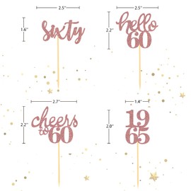 24 Pcs Glitter 60th Birthday Cupcake Toppers for Celebrating Sixty Years Old Birthday Party Decorations (Rose Gold 2)