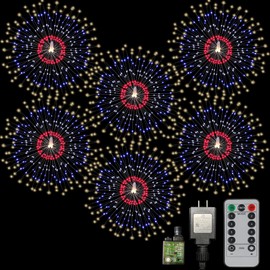 Homesprit Firework Lights 6 Pack 180 Led Copper Wire Starburst Lights with 8 Models, Power Supply Fairy Lights with Remote Control, Waterproof Outdoor Hanging Lights