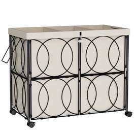 VIPLEO Laundry Hamper with 3 Section, Large 180L Rolling Laundry Basket with Wheels, Metal Heavy Duty Laundry Hamper with Detachable Bags, Dirty Clothes Hamper Organizer for Bedroom, Bathroom(Beige)