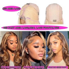 13x4 Body Wave Highlight Lace Front Wigs Human Hair Pre Plucked Ombre Lace Front Wig Human Hair Wear and Go Glueless Honey Blonde Hd Lace Frontal Wig Human Hair Colored Wigs Human Hair for Black Women