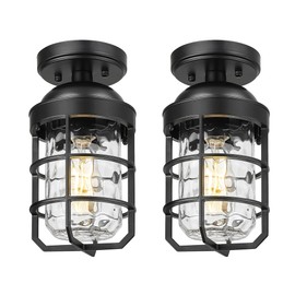 Emliviar Black Semi Flush Lights for Entryway, 2-Pack Rustic Light Fixtures Ceiling Mount with Water Ripple Glass Shade, GE255LF-2PK BK-WG