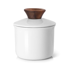 DOWAN Butter Crock for Counter, French Butter Keeper Crock with Water, Ceramic Airtight Butter Dish with Wood Knob Lid for Soft Butter, Soft White