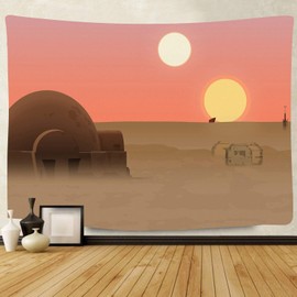 F-FUN SOUL Twin Suns Planet Wars Tapestry, 40x30inchs Soft Flannel, Desert Globe Tatooine Wall Hanging Tapestries for Living Room Bedroom Home Decor GTDWFS806