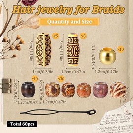 60Pcs Hair Beads for Women, Exquisite Wooden Beads for Hair with 1 Braiding Tool, Mixed Style Dreadlock Bead Jewelry Braid Accessories for Women Girls