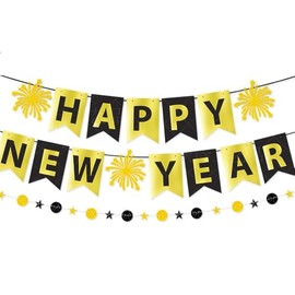 Gold Black Happy New Year Decoration Bunting Banner,Glitter Round and Star Garland Streamer Banner Sparkle Golden Firework New Year Bunting 2025 New Years Eve Party Decoration for New Year Party