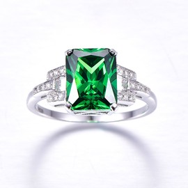 Bonlavie Silver Rings for Women Emerald Cut Created Green Emerald Cubic Zirconia Solitaire Wedding Engagement Promise Eternity Ring for ladies Size L 1/2