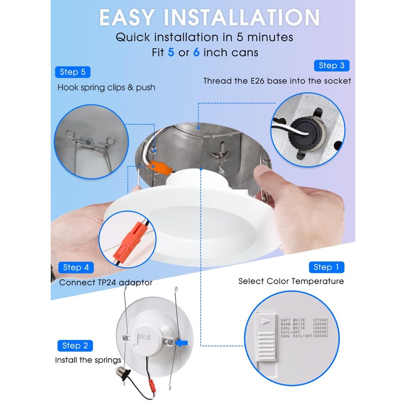 12 Pack 5/6 Inch 5CCT LED Recessed Lighting Retrofit, 2700K/3000K/4000K/5000K/6500K