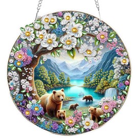 RICUVED Flower Diamond Painting Pendant, 5D Bears Diamond Painting Hanging Ornament Set Children Adults Special Shaped Pendant Diamond Painting Pictures Wind Chime for Decoration