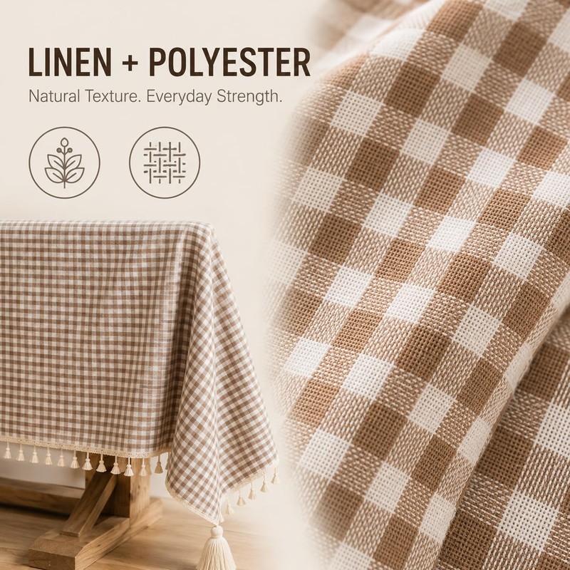 Coffee Gingham Tablecloth, Linen Farmhouse Tablecloth with Tassel, 60x84 In