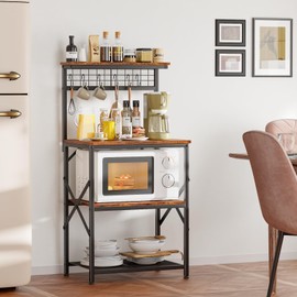 Furologee Kitchen Bakers Rack with Hutch, Coffee Bar Station 4 Tiers, Microwave Oven Stand with 6 S Hooks and Pegboard, Kitchen Microwave Rack for Spice Organizer Workstation, Rustic Brown