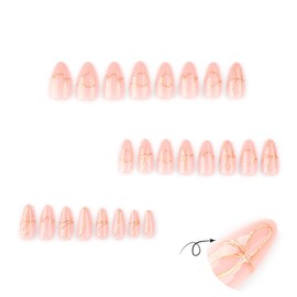 24 Pcs Pink Press on Nails Short Almond 3D Gold Bow Texture Design, ZIFANHU Spring Fake Nails Press ons Nail Tips Glue on Nails Full Cover False Nails Stick on Nails Acrylic Nail Kit for Women