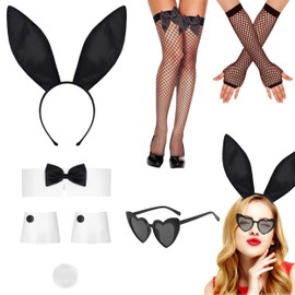 7 Pcs Bunny Costume Set, Bunny Costume Accessories Rabbit Ear Headband Tail Bow Tie Cuffs Fishnet Gloves Stockings Sunglasses