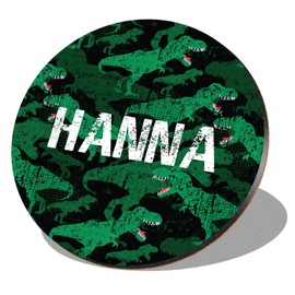1 x Round Coaster - Name Hanna TRex Dinosaur Tyrannosaurus Texture Letter Lettering Initial Cork Backed MDF Glossy Tea Coffee Accessory #260206