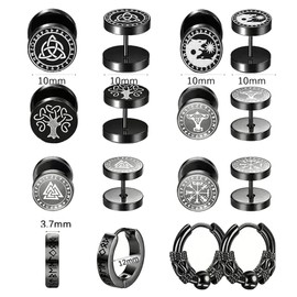 Votvlog 8 Pairs of Men's Stainless Steel Viking Rune Earrings Wolf Head Celtic Knot Earrings Piercings Stud Earrings Set Punk Classic Black Earrings Hoop Earrings Hypoallergenic Gift for Men, Metal,