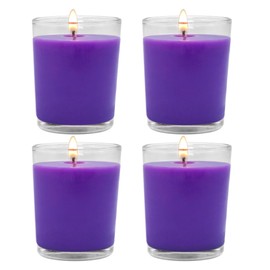 Set of 4 Purple Votive Candles, Clear Glass Filled Soy Wax Lavender Scented Candles for Home Spa Stress Relax and DIY
