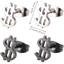 Liitata 2 Pair Gothic Dollar Sign Ear Studs Stainless Steel US Dollar Stud Earrings Hip Hop Punk Rock Dollar Money Earring For Girls Women Silver and Black