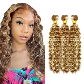 CnumGunm P30613 Highlight Blonde Human Hair Bundles Brown Deep Wave 3 Bundles 30 30 30 inch Mixed Length 2 Tone 30 and 613 Bundle