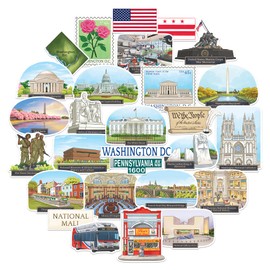 Navy Peony Monumental Washington DC Travel Stickers (28 pcs) - Watercolor, US Capital City, American-Themed Decals for Scrapbooking, Journals, Laptop