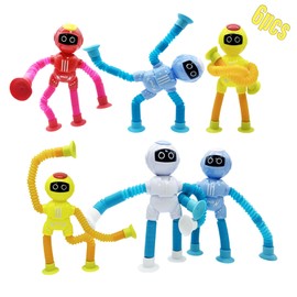 Shape Changing Spaceman Robot Toy, Suction Cup Toys,Telescopic Pop Tubes Fidget Toys,Autism Sensory Toys for Kid Boys (Multicolor 6pcs)