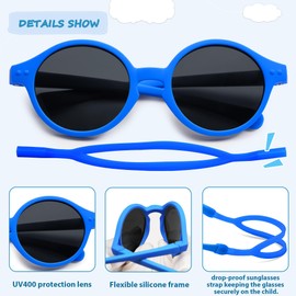 SOJOYFUL Baby Polarized Sunglasses with Strap Round UV400 Protection Toddler Girls Boys Age 0-24 Months SK5613 Royal Blue Frame Grey Lens