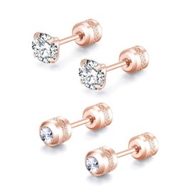ZOCOYUU 2 Pairs Stud Earrings Set,Hypoallergenic 5A Cubic Zirconia 316L Stainless Steel CZ Screw Back for Men,Women,Boys & Girls (2 Pairs Rose Gold-4mm)