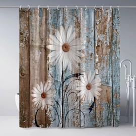 ZZYSKS Rustic Floral Shower Curtain White Daisy Flower Blue Brown Vintage Barn Wooden Plank Country Farmhouse Bathroom Decor Set Polyester Fabric with Hooks 70Wx70H Inch