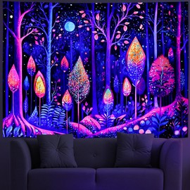 Amonercvita Blacklight Forest Tapestry UV Reactive Trees Tapestries Aesthetic Starry Moon Stars Tapestries Colorful Neon Plants Tapestry Wall Hanging for Bedroom