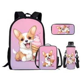 Ystardream Pink Corgi Backpack for School Girls Bookbag With Lunch Box Middle School Backpack for Teens Children Elementary Middle School Student,Waterproof Bookbags School Bag Set of 4