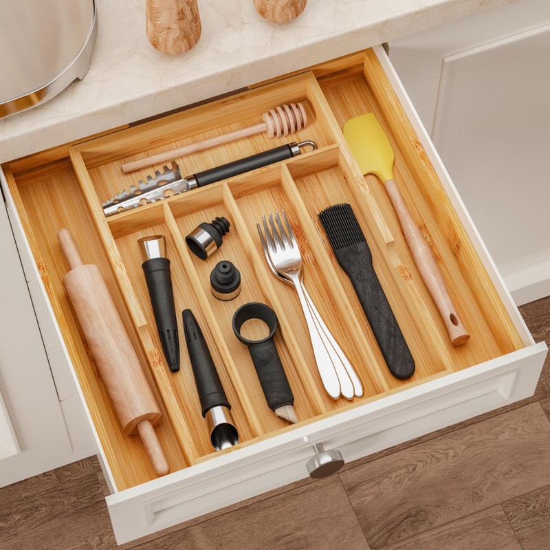 BAMEOS Bamboo Expandable Drawer Organizer, 5-7 Slots Kitchen Drawer Organizer,