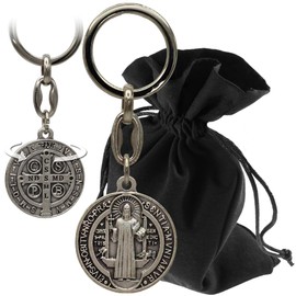 Lunexus Benedict Silver Keyring - Blessed - St Benedict Medal 8 cm with Embossing - Protective Symbol for Car & Home - Gift with Velvet Bag - Catholic Consecration Confirmed, Gold / grey