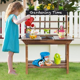 KOTEK Kids Potting Bench, Fir Wood Outdoor Mud Table with 4 Pots, Chalkboard, Removable Sink, Storage Shelves, Mud Kitchen for Kids Outdoor Garden, Gift for Boys Girls 3+