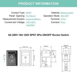 QIYANGBRO(Pack of 10PCS) Boat Rocker Switch 10A125V 6A250V ON/Off 2Pin Position Snap Can Be Used for 12V 110V 250V Black Toggle Switches (Black)
