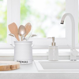 Karisky Kitchen Utensil Holder for Countertop, 6.4" Large Ceramic Utensil Crock with Cork Mat, Handles, Modern Cooking Tool Spatula Organizer for Kitchen Counter Decor, Matte White