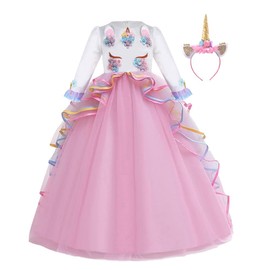 MYRISAM Unicorn Costume Princess Birthday Pageant Party Dance Performance Carnival Long Maxi Tulle Fancy Dress Up Long Sleeve Outfits Pink 8-9T