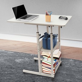 GXFCHYL C-Shaped Side Table, Height Adjustable C Table with Wheels and 3-Tier Design Storage Shelves for Couch Bed Recliner (White)