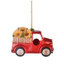 Polystone Resin Bird House Outdoor Garden Bird House, Red Truck with Flowers