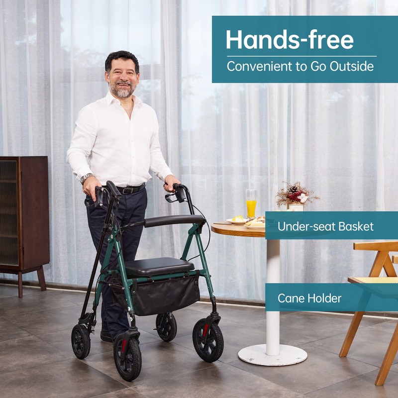 ELENKER All Terrain Rollator Walker for Seniors with 10” Wheels,