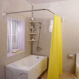 BAOYOUNI Curved Shower Curtain Rod Suction Cups L-Shaped Corner Bath Curtain Rail Bar Metal Expandable Pole 40.15'' x (46.46''-70.87'')