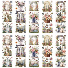 WANDIC 10 Sheets Rub On Transfer Sticker, Vintage Flower Decals Bird Butterfly Waterproof Stickers for Furniture Table Water Bottle DIY Craft, 11.8 * 3.9in