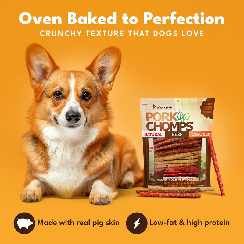 Pork Chomps Dog Chews, 5-inch Munchy Sticks, Assorted Flavors, 50