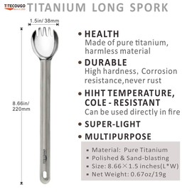 TITECOUGO Titanium Spork, Camping Long Spork Titanium Reusable Multitool Lightweight Camp Outdoors Hiking Travel Convenient Picnic Spoon Fork for Men Women Portable Flatware 1 pack