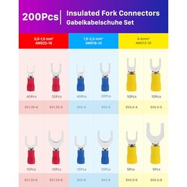 ANVINKU 200 PCS Fork Crimp Connectors, ANVINKU 0.5-6.0mm2 Fork Crimp Terminals, Insulated Fork Crimp Connectors, Electrical Crimp Connectors for Auto Parts