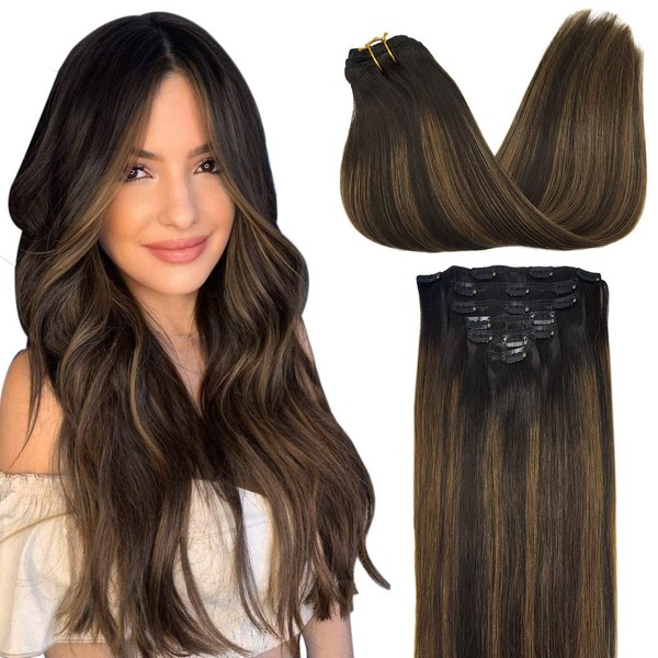 GOO GOO Clip-in Hair Extensions for Women, Soft & Natural, Handmade Real Human Hair Extensions, Dark Brown Mixed Chestnut Brown, Long, Straight #(T2/6)/2, 7pcs 120g 16 inches