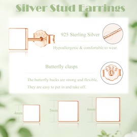 Cangall Silver Stud Earrings for Women, 3 Pairs 925 Sterling Silver Square Stud Earrings Set, Hypoallergenic Tiny Flat Dot Stud Earrings Rose Gold, 4/5 / 6mm Small Cartilage Sleeper Stud Earrings
