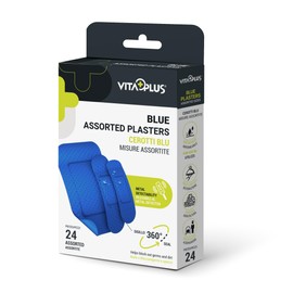VITAPLUS Blue PLASTERS Assorted 24's (72x50mm x6; 72x19mm x6; 56x19mm x6)