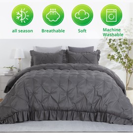 HOMBYS Oversized King Comforter Set, Ultra Soft Pinch Pleat Bedding Sets for King Bed, Pintuck Down Alternative Comforter with Ruffles for All Season (Dark Grey, Oversized King Plus-128"x120")